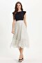 Women's Regular Fit Classic Cut Crew Neck Polka Dot Zero Sleeve Zippered Lycra Ecru Dress - 3