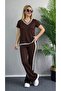 Women's Short Sleeve V-Neck Viscose Two Thread Blouse and Trousers Two-Piece Set - 2
