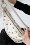 Cream Women's Bag with Half Moon Shape, Gold Accessories, Stitched Details, Stylish Handbag with Shoulder and Crossbody Straps - 8