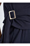 Navy Blue Knitted Short Sleeve Belted T-Shirt with Metal Buckle - 3