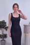 Women's Square Collar Strappy Fitted Midi Length Denim Dress Navy Blue - 4