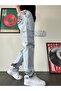 Ice Blue Design Printed Baggy Jeans - 3