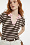 Women's Striped Polo Neck T-Shirt Ribbed Short Sleeve