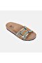 Women's Tan Buckle Blue Knitted Detailed Suede Slippers - 7
