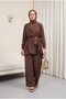 Asymmetrical Cut Trousers Lined Belted Cupra Set -Brown - 3