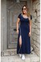 Women Short Sleeve Round Neck White Slit Detail Viscose Full Length Dress - 3