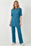 Women's Indigo Ribbed Short Sleeve Top and Bottom Set Tkm-19000498 - 2