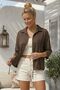 Light Brown Shirt Collar 3/4 Sleeve Buttoned Pocketed Perforated Embroidered Casual Cotton Woven Shirt 63 60 - 3