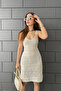 Women's Cream Strap Knitwear Lined Summer Dress - 2