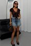 Women's Lace Crop Blouse V Neck Ruffle Lace up See-Through Summer Chic Blouse - 4