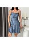 Indigo Draped Thin Strap Short Evening Dress with Tie Back - 4