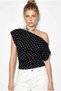 Women's Black Ecru Asymmetrical Waist Fitted Viscose Bat Sleeve Blouse 60286901 - 2