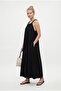 Women's Deep Lined Beaded Halter Neck Pocketed Long Woven Black Dress - 3