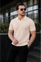 Men's Casual Striped Cream Knitwear Polo Neck T-Shirt