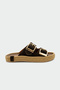 Pupil Double Buckle Genuine Leather Women's Bitter Brown Slippers