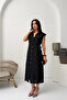 Women's Black Side Belted Lined Sleeveless Summer Midi Dress - 3