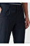 Navy Blue Regular Fit Linen Blend Men's Pleated Trousers - 3