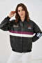 Women's Bomber Collar Printed Black Purple Jacket - 3
