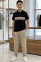 6-15 Years Old Boys Black Striped Polo Collar T-Shirt Beige Elastic Waist Casual Pants Combination