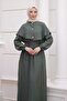 Khaki Elastic Sleeve Cape Dress - 4