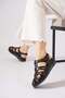 Sefert Penrece Three-Strap Windowed Genuine Leather Women's Sandals Black Skin