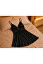 Black Satin Transparent Lace Thin Strap Women's Nightgown - 4