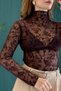 Women's High-Neck Transparent Floral Detailed Tulle Blouse Brown - 2