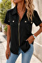 Women's Zipper Collar Button Detailed Short Sleeve Crepe Blouse - 6