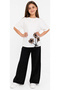 Girl's Three-Dimensional Leopard Flower Detailed T-Shirt with Stone-Embellished Trousers Ecru Color T-Shirt and Trousers Set - 2