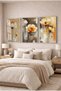White and Orange Colored Amber Flower 3-Piece Glass Painting Set with Silver Metal Frame for Home and Office - 2