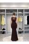 Women's Brown Waist-Cinched Tulle Embellished Dress - 5