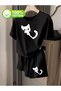 Cute Curious Cat Printed Women's Premium Oversize Top and Bottom Set T-Shirt and Shorts Set