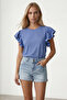 Women's indigo crew neck ruffle trim blouse with pearl detail alc-x15531 - 4