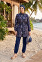 Patterned, Adjustable Waist, Triple Hijab Swimsuit, Navy Blue - 3