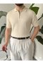 Men's Zippered Lycra Knitted Ribbed Knitwear Polo Collar T-Shirt Cream Black Navy Blue Coffee White