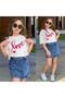 Girl's 2-Piece Set - Love Printed T-Shirt & Heart Patterned Denim Shorts Skirt Stylish Summer Combination 2675m - 3