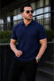 Men's Casual Striped Navy Blue Knitwear Polo Neck T-Shirt
