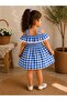 Cherry Detailed Pompom Gingham Girls' Dress - 4