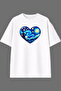 Heart Blue Design Front Printed White Oversize T-Shirt