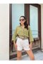 Women's Green Cotton Oversize Wide Sleeve Loose Fit Long Basic Tie-Waist Shirt Blouse - 5