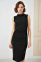 Women's High Collar Gathered Zero Sleeve Black Dress - 4