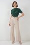 Women's Round Neck Gathered Detail Short Sleeve Emerald Green Blouse - 2