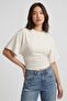 Ecru Crew Neck Gathered Waist Bat Sleeve Crop Blouse - 2