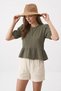 Khaki 100% Cotton Waist Drawstring Elastic Sleeve Blouse 8442A