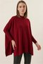 Women's Turtleneck Oversized Knitwear with Side Slits Burgundy Poncho Sweater - 2