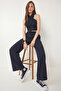 Halter Neck Linen Top and Bottom Set Lby0059 Dark Blue - 2