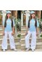 Girl's Bow Embroidered Stone Detailed T-Shirt - Cargo Pocket Linen Trousers - Hat 3-Piece Summer Set - 100% Cotton