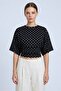 Black Polka Dot Crew Neck Gathered Waist Bat Sleeve Crop Blouse