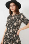 Women's Shirt Collar Belted Short Sleeve Floral Patterned Viscose Black Dress - 3