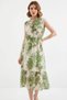 Women's Zero-Sleeve Gathered Waist Ruffle Detailed Hem Floral Patterned Chiffon Green Dress - 4
